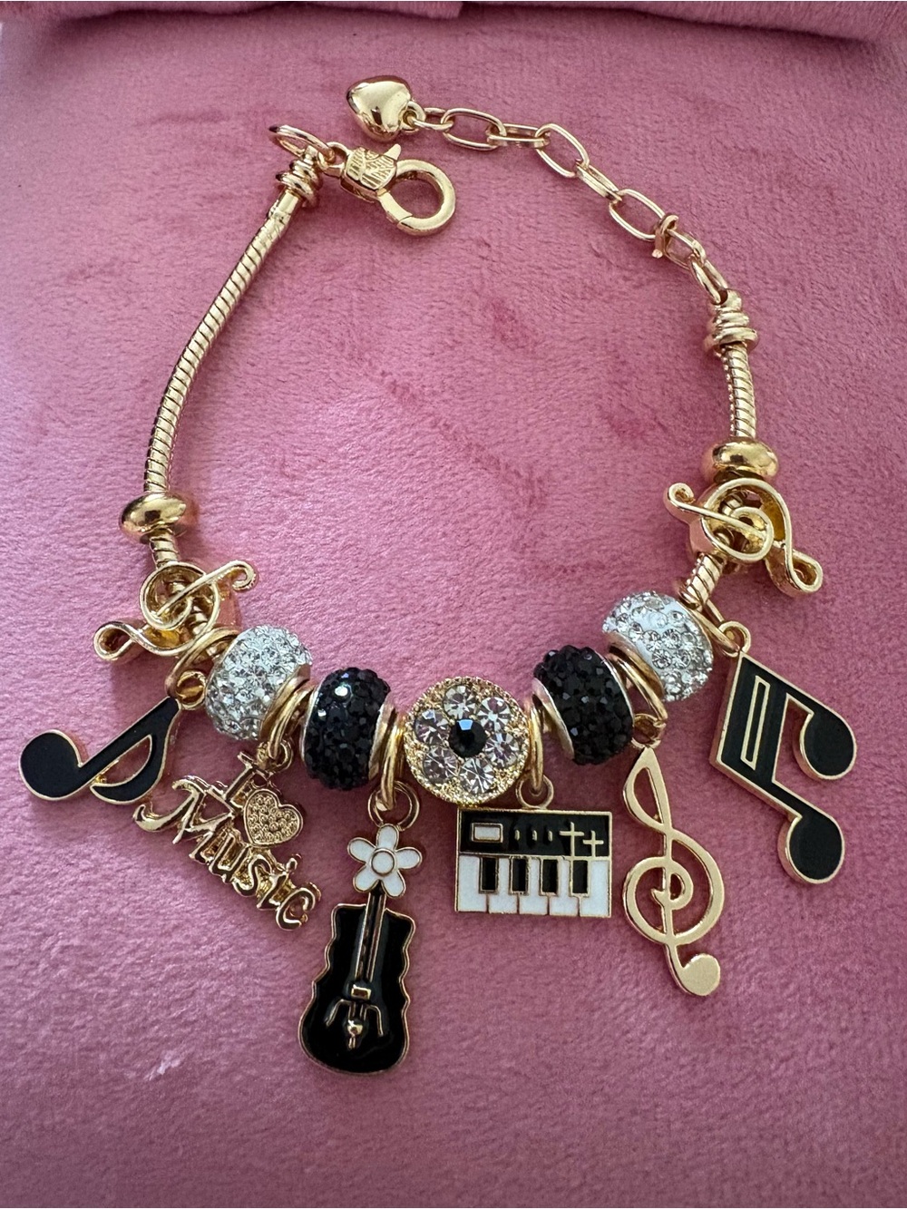 Music Charm Gold Bracelet with Black and White Accents